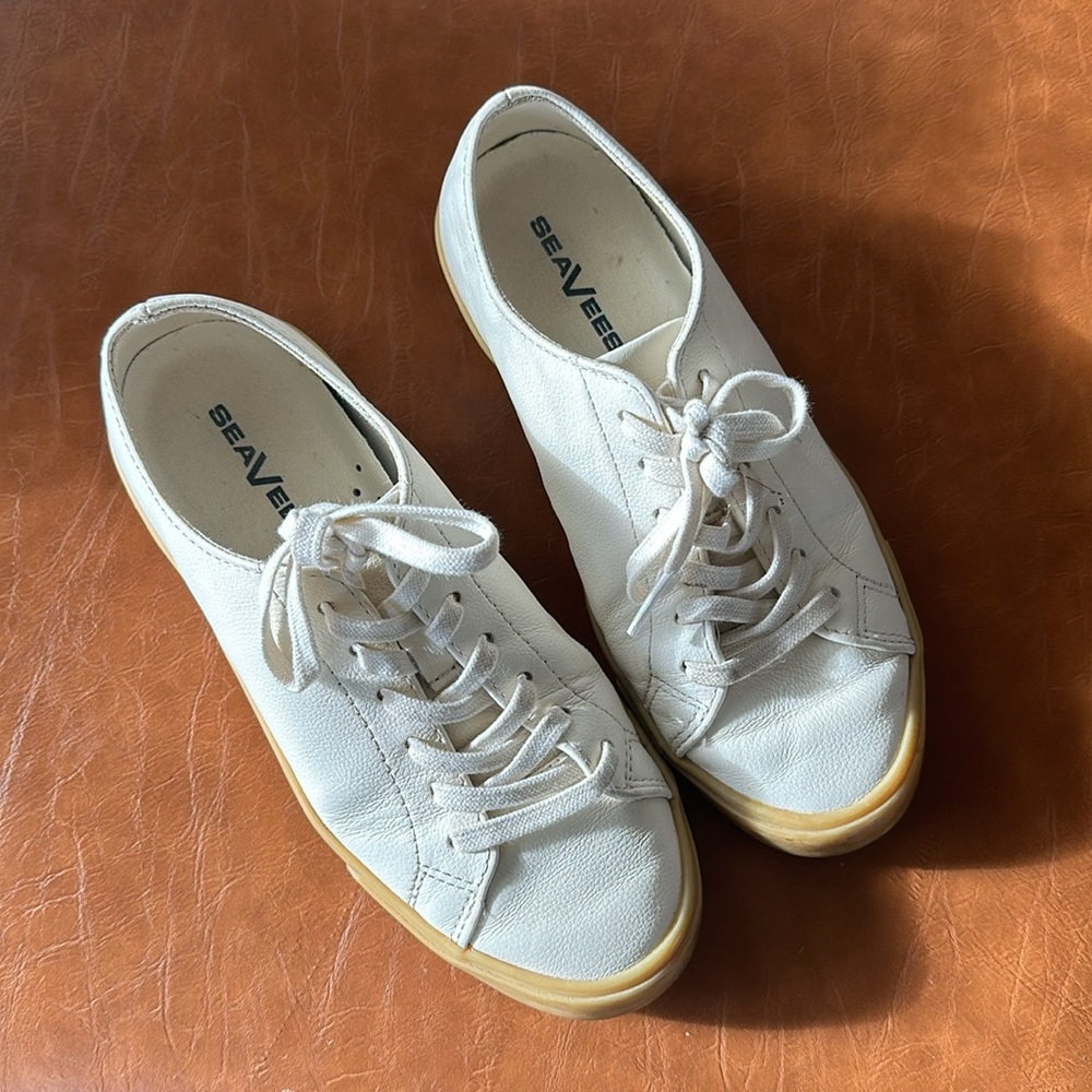 Seavees White Leather & Gum Sole Sneakers